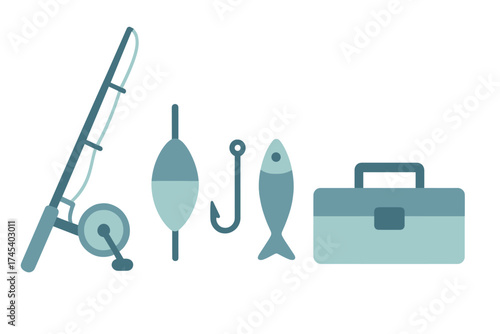 Essential fishing equipment collection featuring rod, reel, bobber, hook, fish, and tackle box