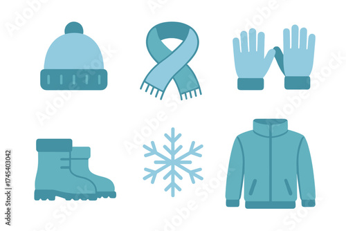 Essential winter season clothing items and cold weather accessories set