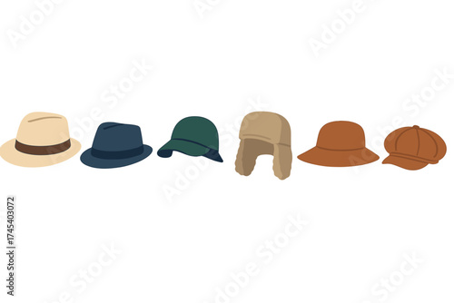 Stylish collection of various headwear accessories including fedora, trapper, and newsboy caps arranged horizontally