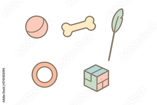 Minimalist set of adorable pet accessories and playthings featuring a bone, ball, and feather toy