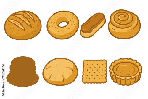 Assortment of sweet and savory baked goods including bread, pastries, and biscuits