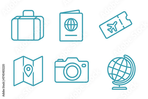 Essential travel and tourism symbols including luggage, passport, boarding pass, map, camera, and world globe