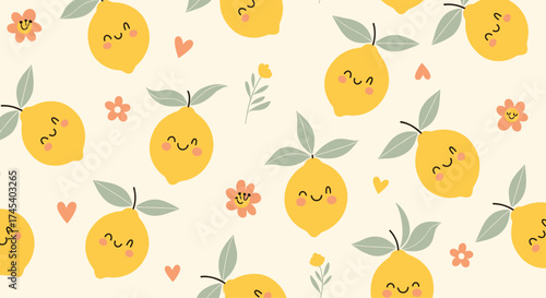 Cute yellow lemons with pink flowers and hearts pattern.