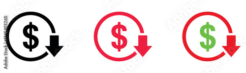 Vector illustration of a cost reduction icon — dollar symbol with a downward arrow representing price drop, financial savings, and decreased expenses in modern flat design.