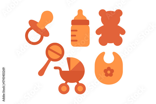Set of essential newborn accessories including pacifier bottle teddy bear rattle and stroller bib