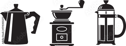 Black silhouette of moka pot coffee grinder and french press coffee maker kitchenware