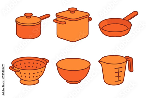 Isometric set of essential kitchen cooking equipment: pots, pans, bowls, and colander