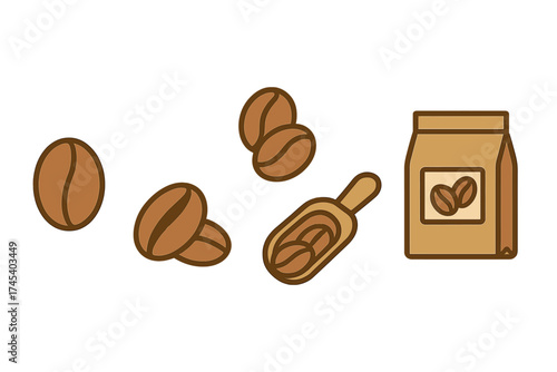 Roasted coffee beans, wooden scoop, and retail packaging bag collection