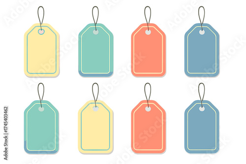 Eight colorful blank price tags or sale labels with strings attached for retail promotion