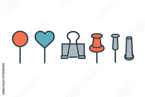 Various office supplies collection with pushpins map markers and binder clip