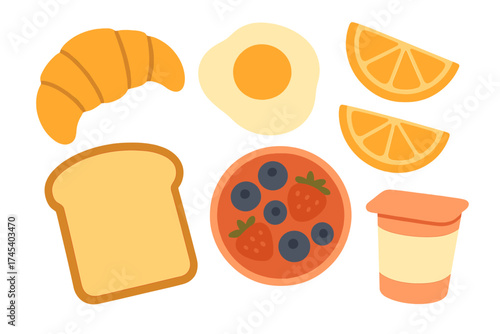 Collection of popular breakfast foods including croissant, fried egg, toast, and fresh fruit