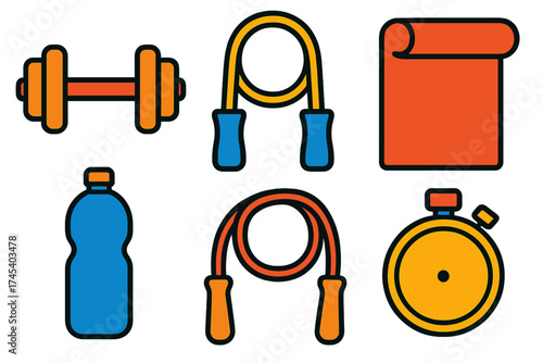 Collection of essential fitness equipment items: dumbbell, jump rope, water bottle, yoga mat, and stopwatch