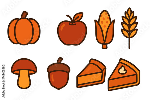 Autumn harvest food and nature elements including pumpkin, apple, corn, acorn, and pie