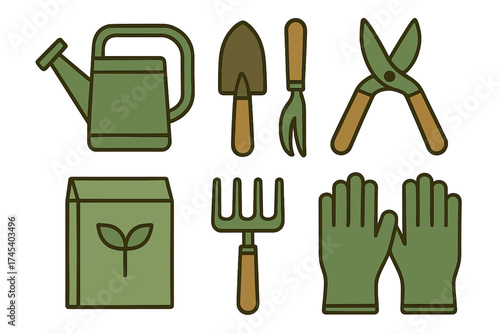 Set of essential gardening tools including watering can, gloves, shears, trowel, and seed packet