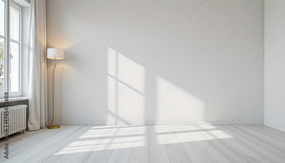 Fototapeta premium An interior space characterized by minimalistic design. A room is furnished with hardwood floors and white walls, lending a clean and uncluttered appearance