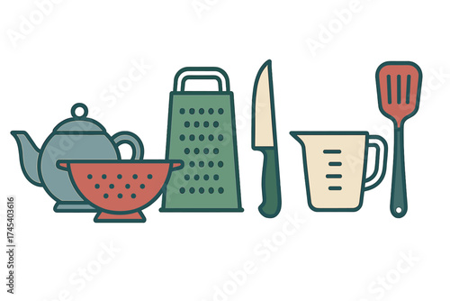 Set of essential kitchen utensils including teapot colander grater knife and spatula