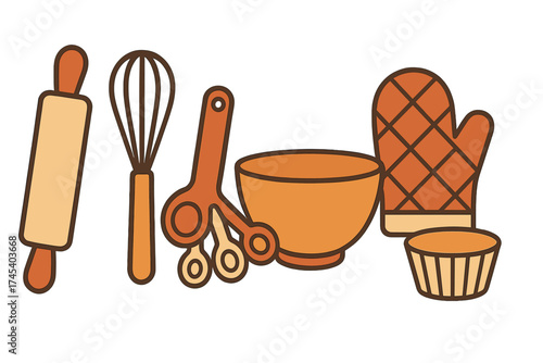 Essential kitchen tools for baking desserts including whisk rolling pin and mixing bowl