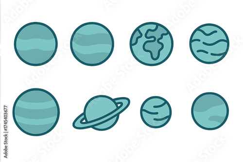 Eight simple flat design symbols representing planets and celestial objects