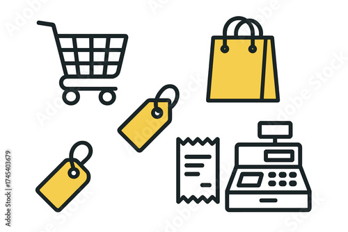 Essential retail and commerce icons set including shopping cart, bag, price tags, and receipt