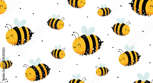 A swarm of cheerful cartoon bumblebees flies happily in the air.
