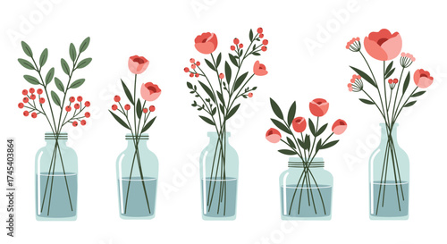 A collection of beautiful flowers in glass vases.