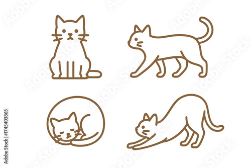 Cute outline drawings depicting domestic cats in four different poses including sitting and stretching