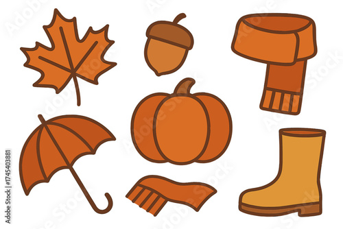 Flat design collection of autumn season objects: pumpkin, maple leaf, acorn, scarf, umbrella, and boot