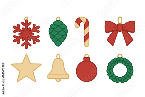 Collection of traditional Christmas ornaments and festive winter decorations