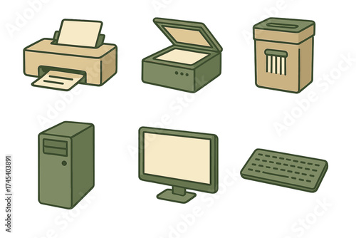 Collection of essential office computer hardware and peripherals icons in a flat graphic style