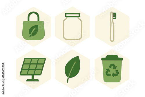 Sustainable lifestyle icons set featuring recycling bin, solar panel, eco bag, leaf, jar, and toothbrush