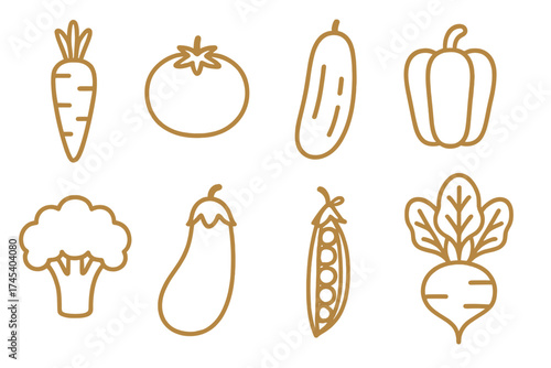 Simple outline icons set featuring common garden vegetables and fresh produce