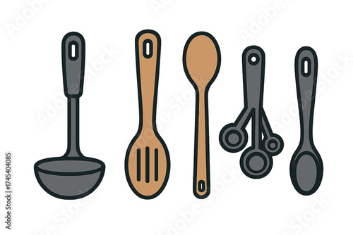 Essential cooking tools set featuring ladle, slotted spoon, solid spoon, and measuring spoons