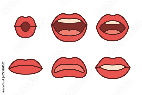Six cartoon mouths showing different lip movements and expressions