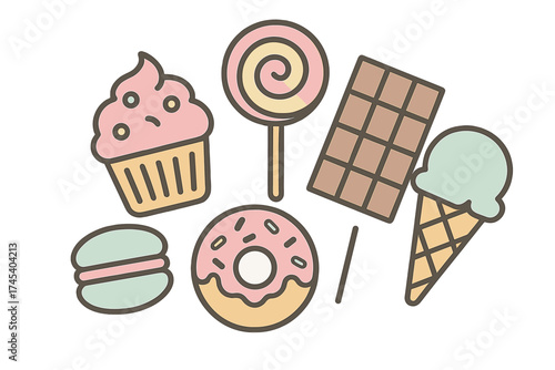 Collection of various sweet desserts and sugary treats in pastel colors