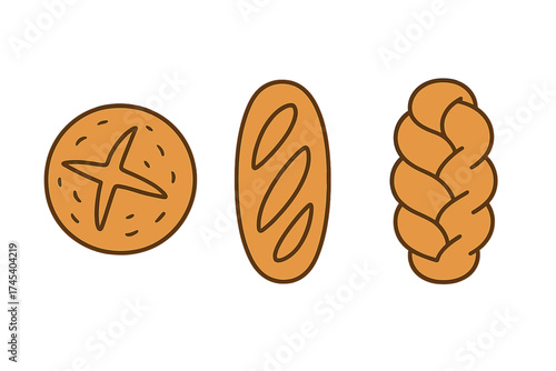 Assortment of traditional baked bread loaves including round bun, oval baguette, and braided challah
