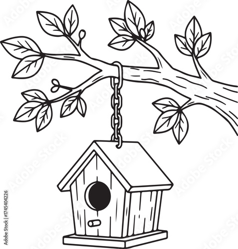 Birdhouse hanging from a tree branch by a chain in black and white home avian