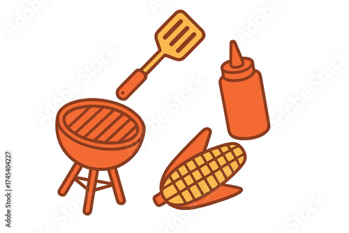 Set of barbecue and grilling essentials including charcoal grill, spatula, sauce, and corn