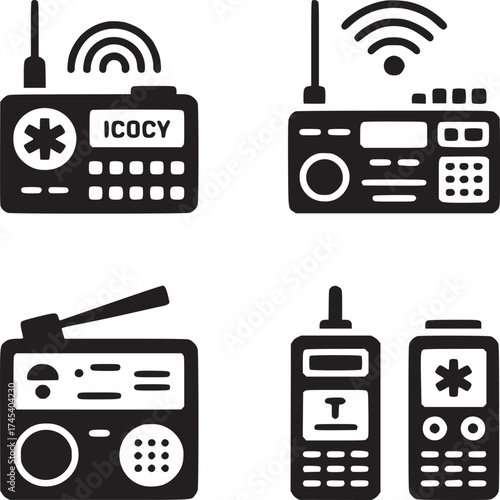 Four black and white radio icons with antennas and buttons on a white background in a square format