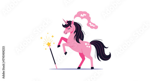 A whimsical pink unicorn creating magic with a wand.