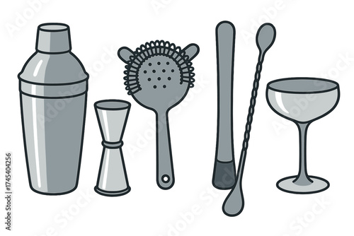 Essential bartender tools collection including shaker, strainer, jigger, muddler, spoon, and coupe glass