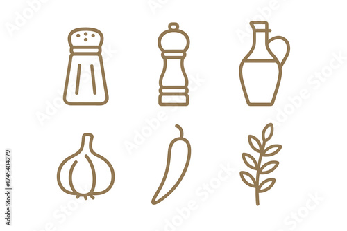Minimalist line icons of essential kitchen ingredients spices and cooking seasonings