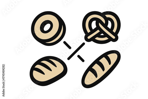 Collection of baked goods icons featuring bagel, pretzel, and various bread types