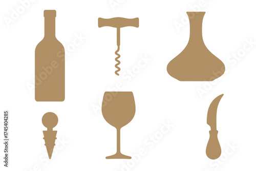 Essential tools for wine tasting and serving including bottle, glass, and corkscrew
