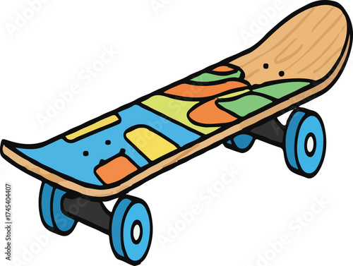 Colorful Skateboard With Wooden Deck and Blue Wheels Keywords: skateboard, skate, board, wheels, deck