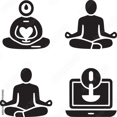 A collage of four black and white icons depicting meditation and technology in simple graphic forms