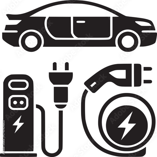 Electric vehicle with charging station and charging plugs in a flat vector illustration style
