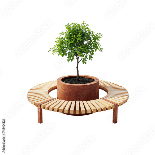 Circular wooden bench surrounding a tree planter against a black studio background enhancing urban