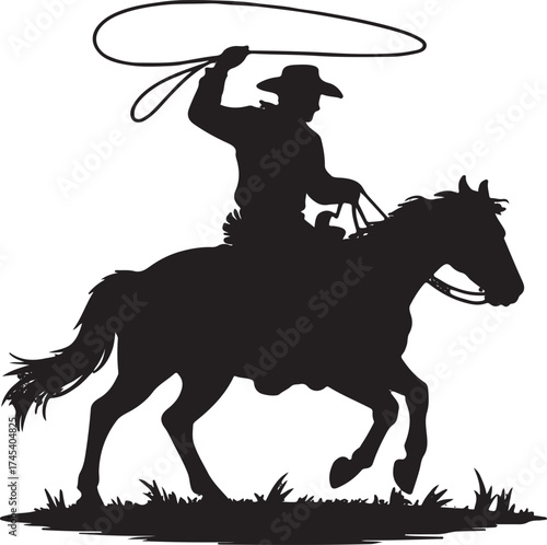 Silhouette of Cowboy Riding Horse and Throwing Lasso on White Background rope