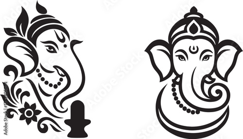 Stylized Ganesha Icons with Floral and Lingam Elements