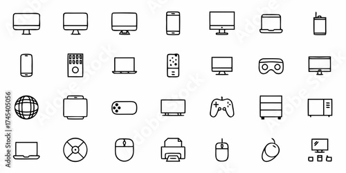 Modern technology and gadgets icons collection for digital communication, entertainment, and smart home concepts, showcasing innovative devices for everyday use and connectivity